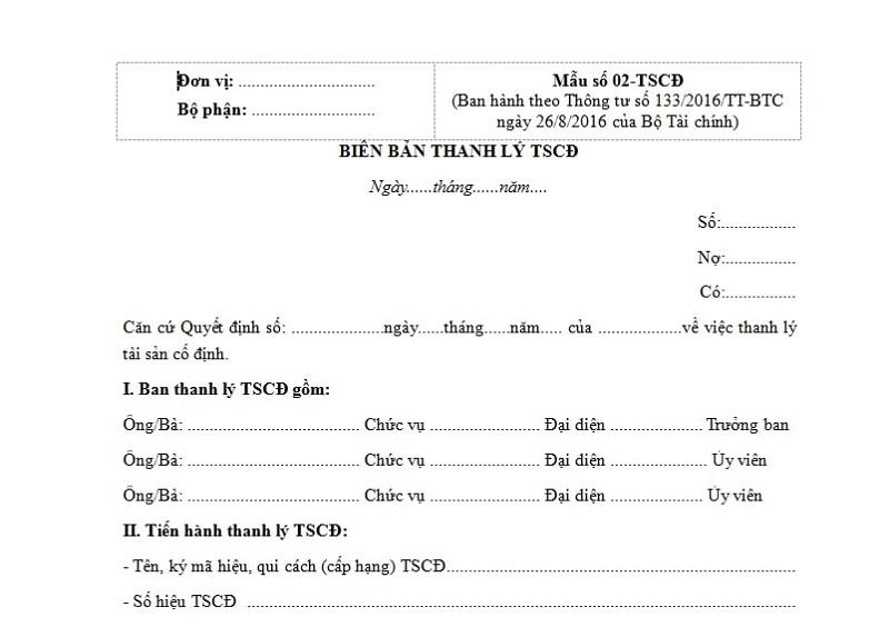 Hướng dẫn trình bày phần mở đầu mẫu biên bản thanh lý TSCĐ