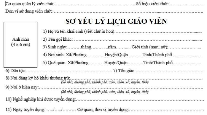 Thông tin ứng viên trong mẫu sơ yếu lý lịch giáo viên