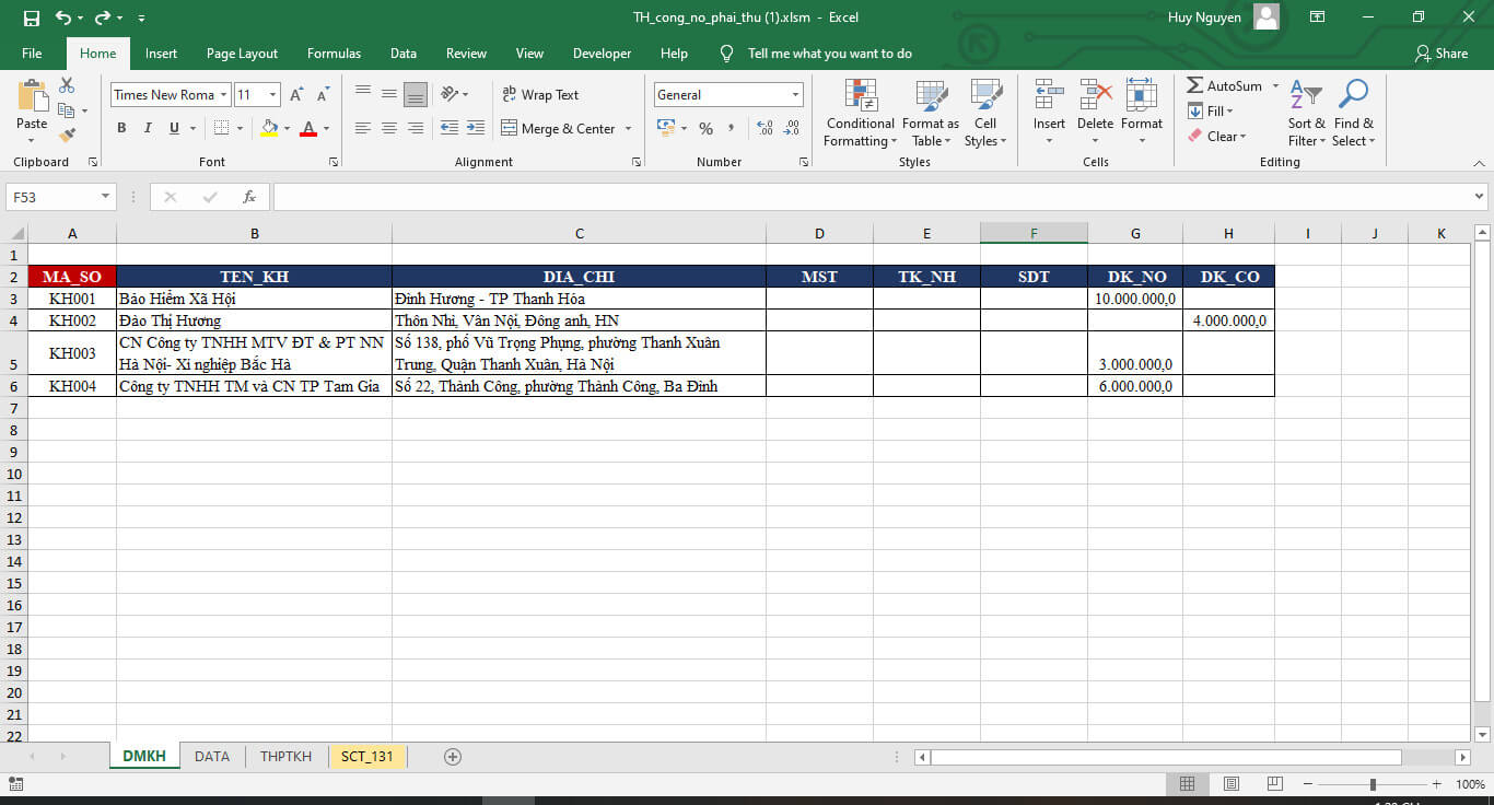 Các thông tin trong bảng công nợ trên Excel