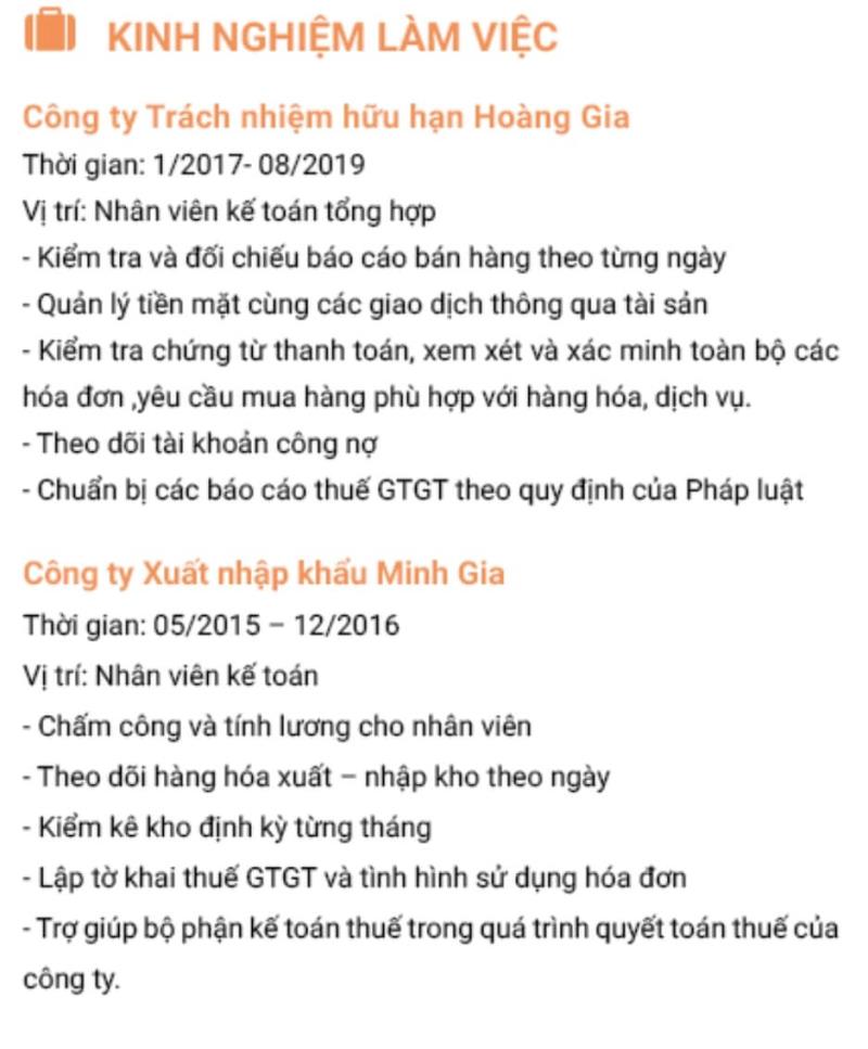 Kinh nghiệm làm việc