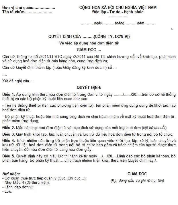 Mẫu quyết định sử dụng hóa đơn điện tử