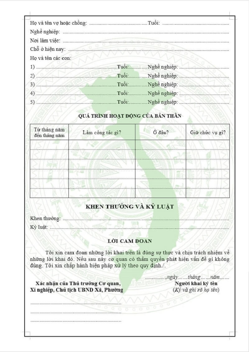 Sơ yếu lý lịch cán bộ công chức phải có lời cam đoan thể hiện trách nhiệm