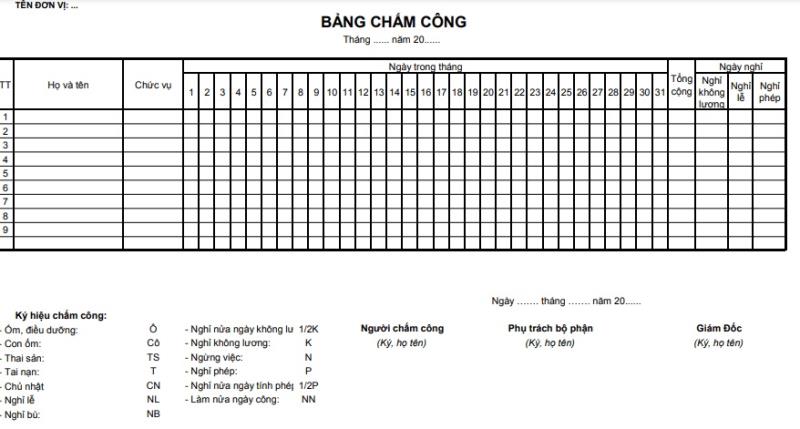 Mẫu bảng chấm công trên Excel mới và chuẩn nhất