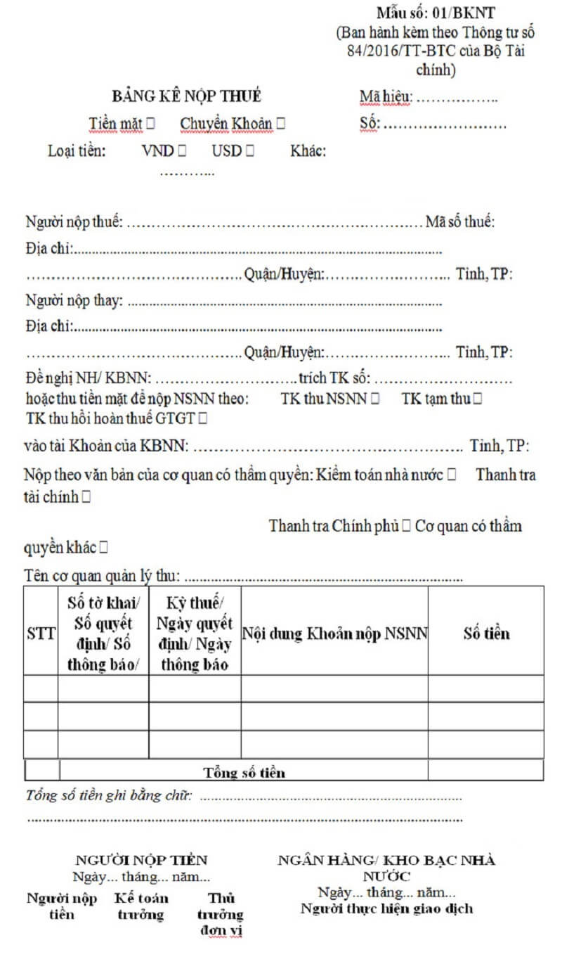 Mẫu bảng kê nộp thuế