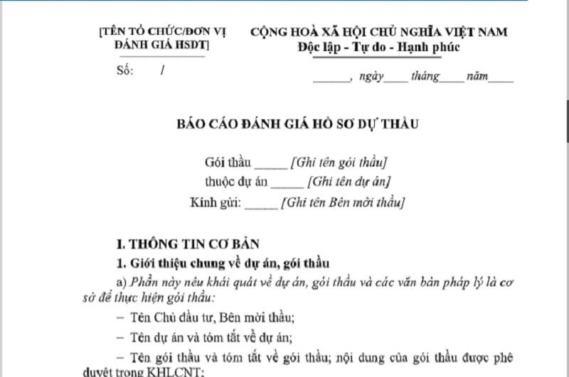Mẫu báo cáo đánh giá hồ sơ đề xuất