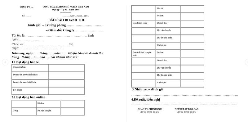 Mẫu báo cáo doanh thu số 1