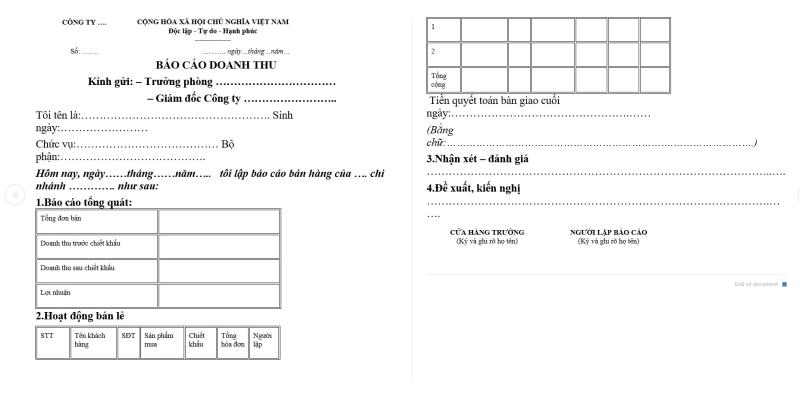 Mẫu báo cáo doanh thu số 2