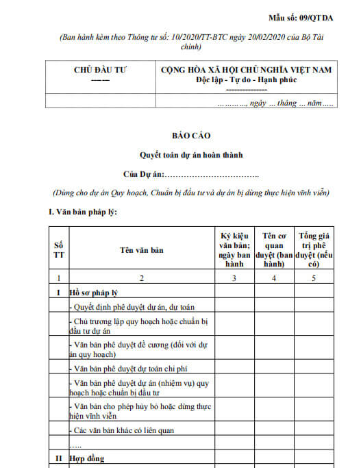 Thông tin trong mẫu báo cáo quyết toán dự án