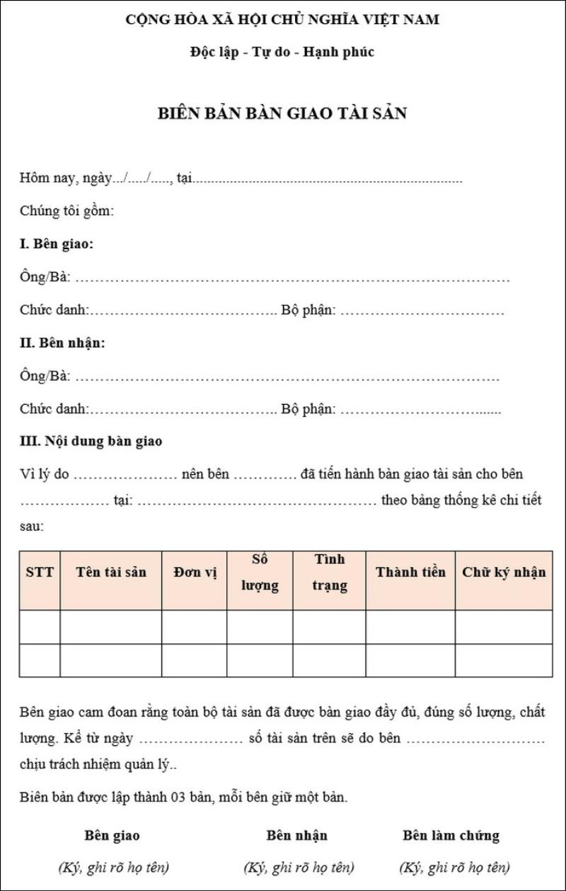 Khám phá biên bản bàn giao tài sản doanh nghiệp