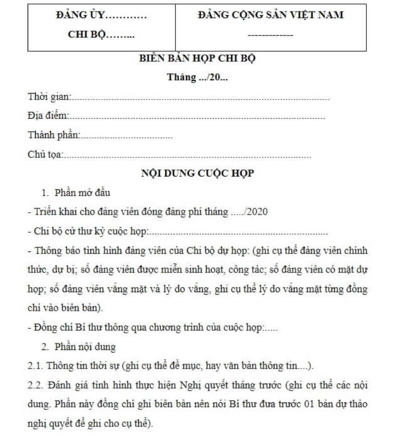 Chi tiết phần nội dung biên bản họp chi bộ