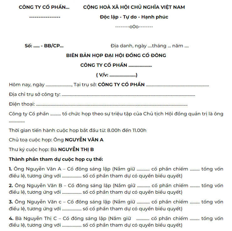 Một số nội dung có trong biên bản họp đại hội đồng