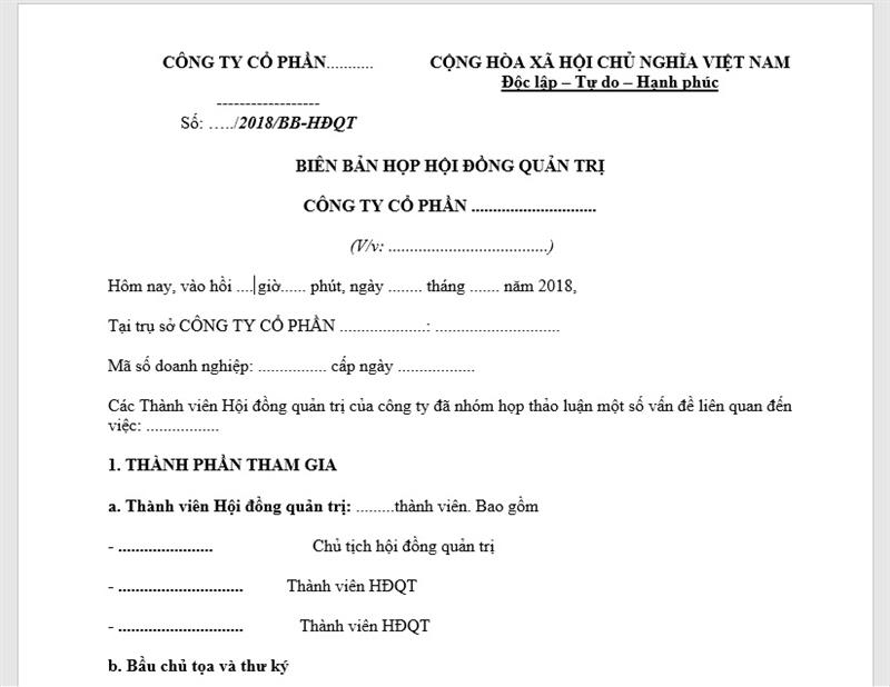 Viết nội dung trong Biên bản họp Hội đồng Quản trị
