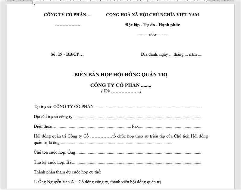 Viết phần đầu Biên bản họp Hội đồng quản trị