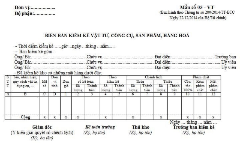 Tải mẫu biên bản kiểm kê vật tư