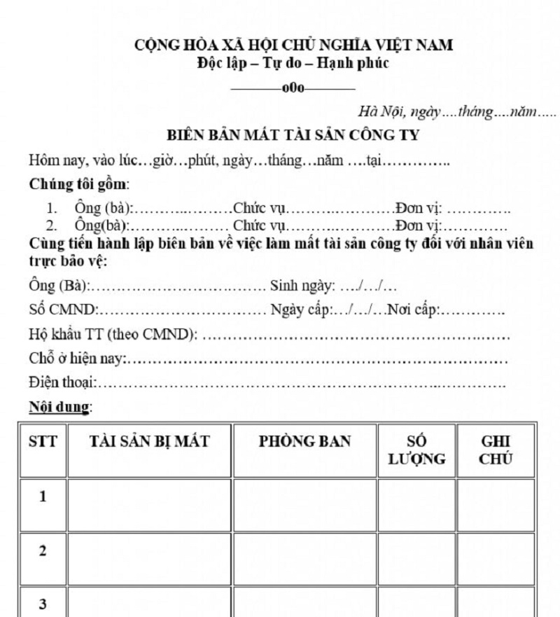 Nội dung của biên bản mất tài sản công ty