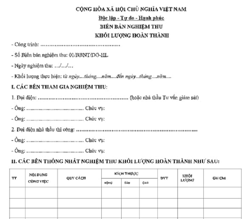 Cách điền mẫu biên bản nghiệm thu khối lượng