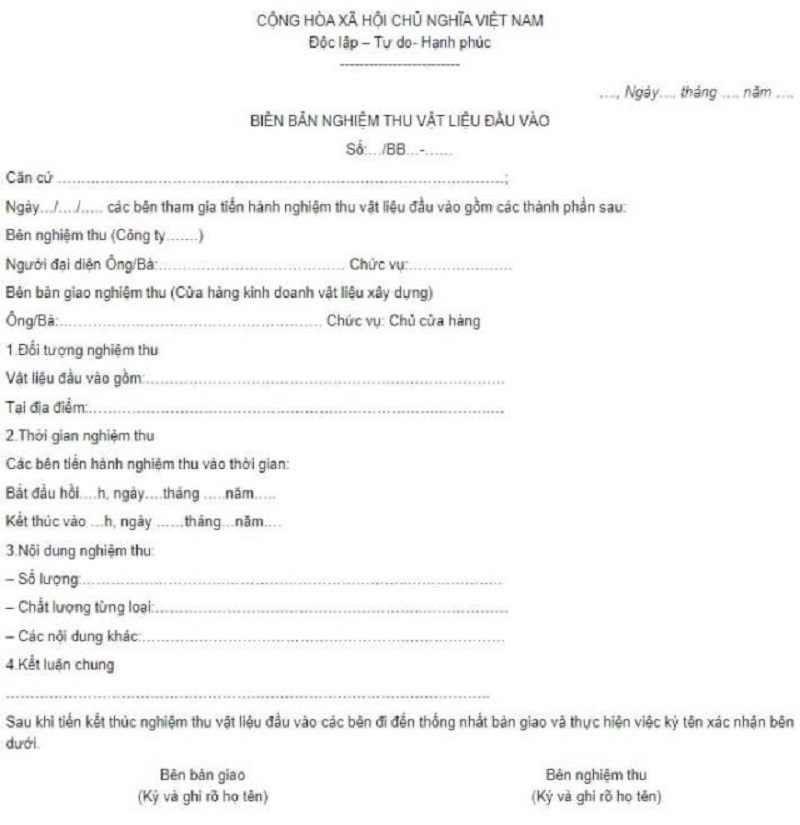 Tham khảo và tải ngay các mẫu biên bản nghiệm thu vật liệu đầu vào