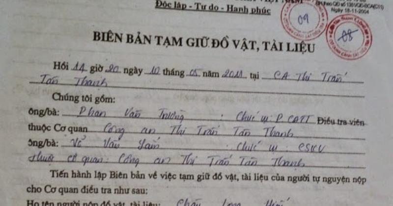 Phần đầu biên bản tạm giữ đồ vật tài liệu