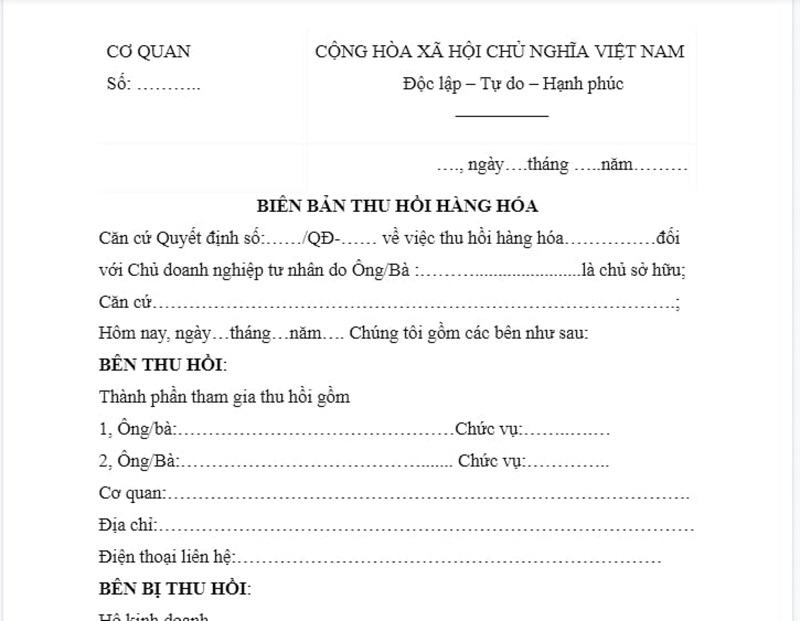 Hướng dẫn viết biên bản thu hồi hàng hóa