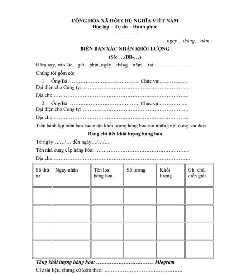 Cách viết mẫu biên bản xác nhận khối lượng hàng hóa