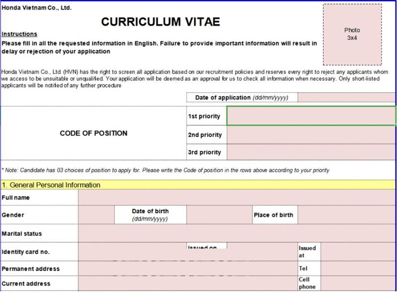 Chi tiết đối với cách ghi mẫu CV Honda