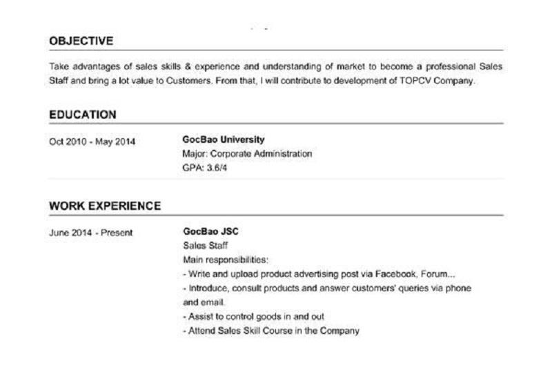 Trình bày từng phần trong CV tiếng anh của thực tập sinh