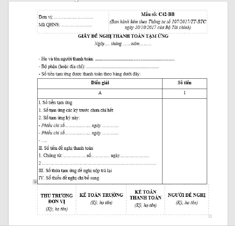 Lưu ý về giấy Đề nghị thanh toán tạm ứng