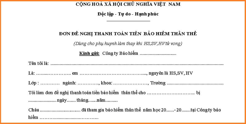 Mẫu đơn đề nghị thanh toán tiền bảo hiểm thân thể