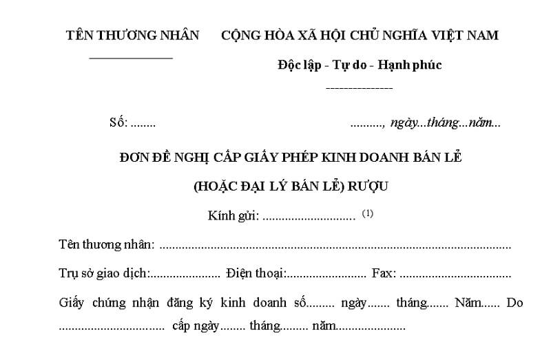 Đơn đề nghị cấp giấy phép kinh doanh rượu
