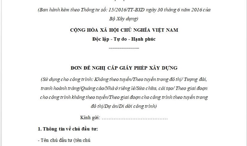 Nội dung mẫu đơn xin cấp phép xây dựng
