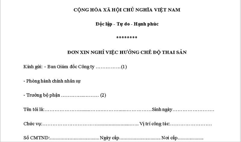 Đơn xin hưởng trợ cấp thai sản cho chồng