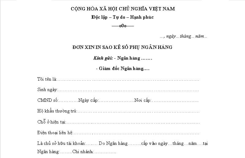 Mẫu đơn xin sao kê sổ phụ ngân hàng
