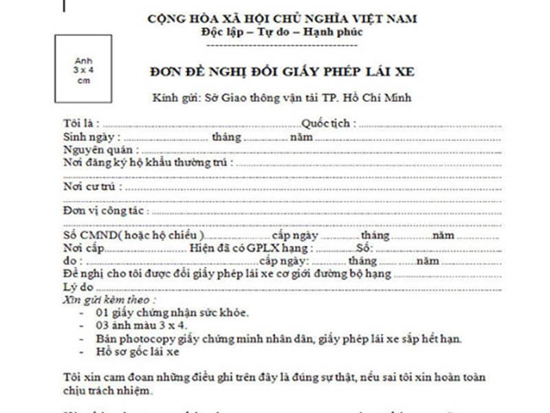 Mẫu đơn đề nghị đổi giấy phép lái xe