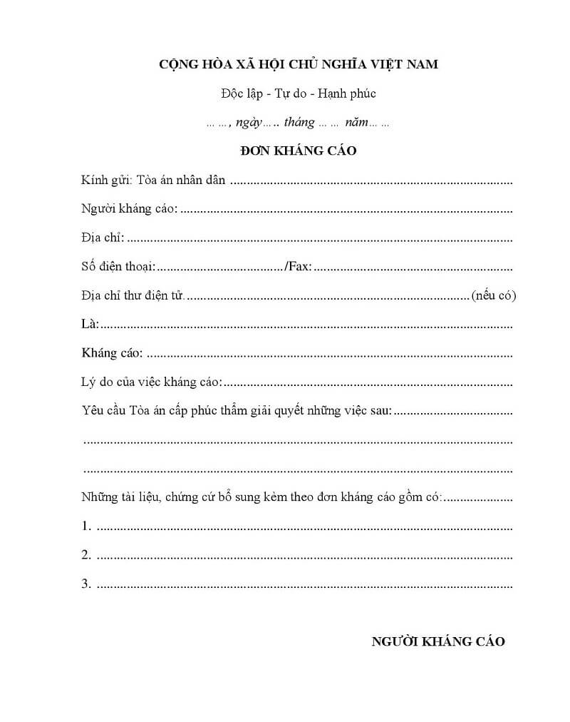 Mẫu đơn kháng cáo