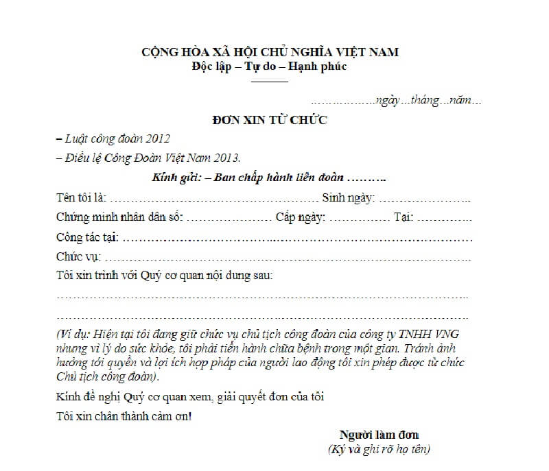 Mẫu đơn từ chức chủ tịch cồng đoàn