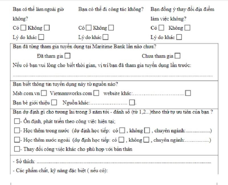 Thông tin cá nhân trong đơn ứng tuyển MSB
