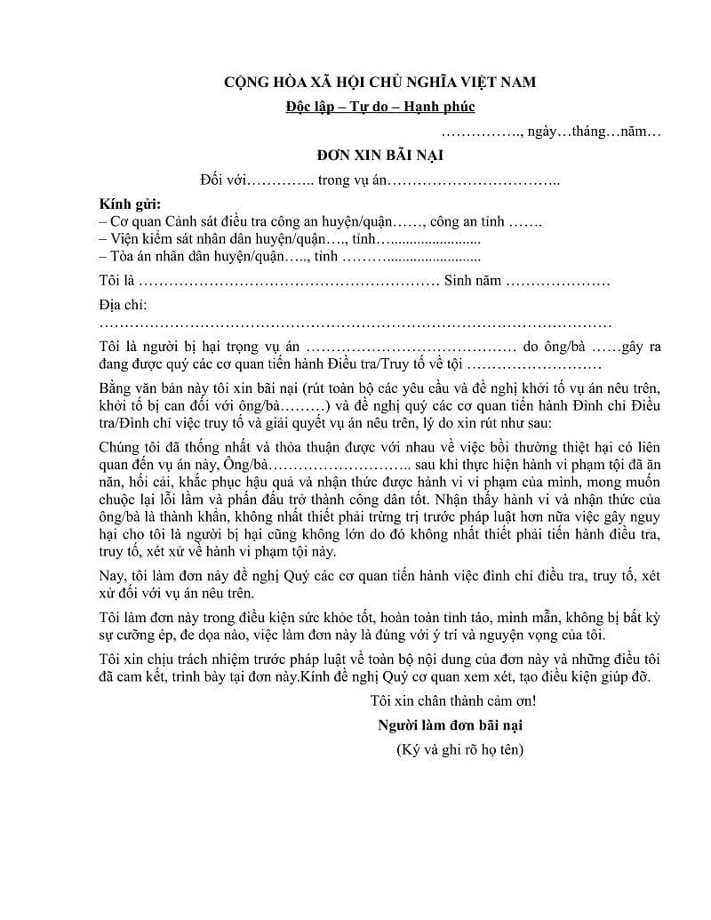 Đơn xin bãi nại được viết theo thể thức văn bản hành chính
