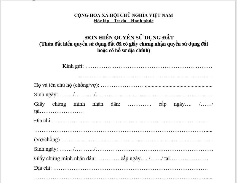 Mẫu đơn xin hiến đất để phục vụ mục đích làm đường