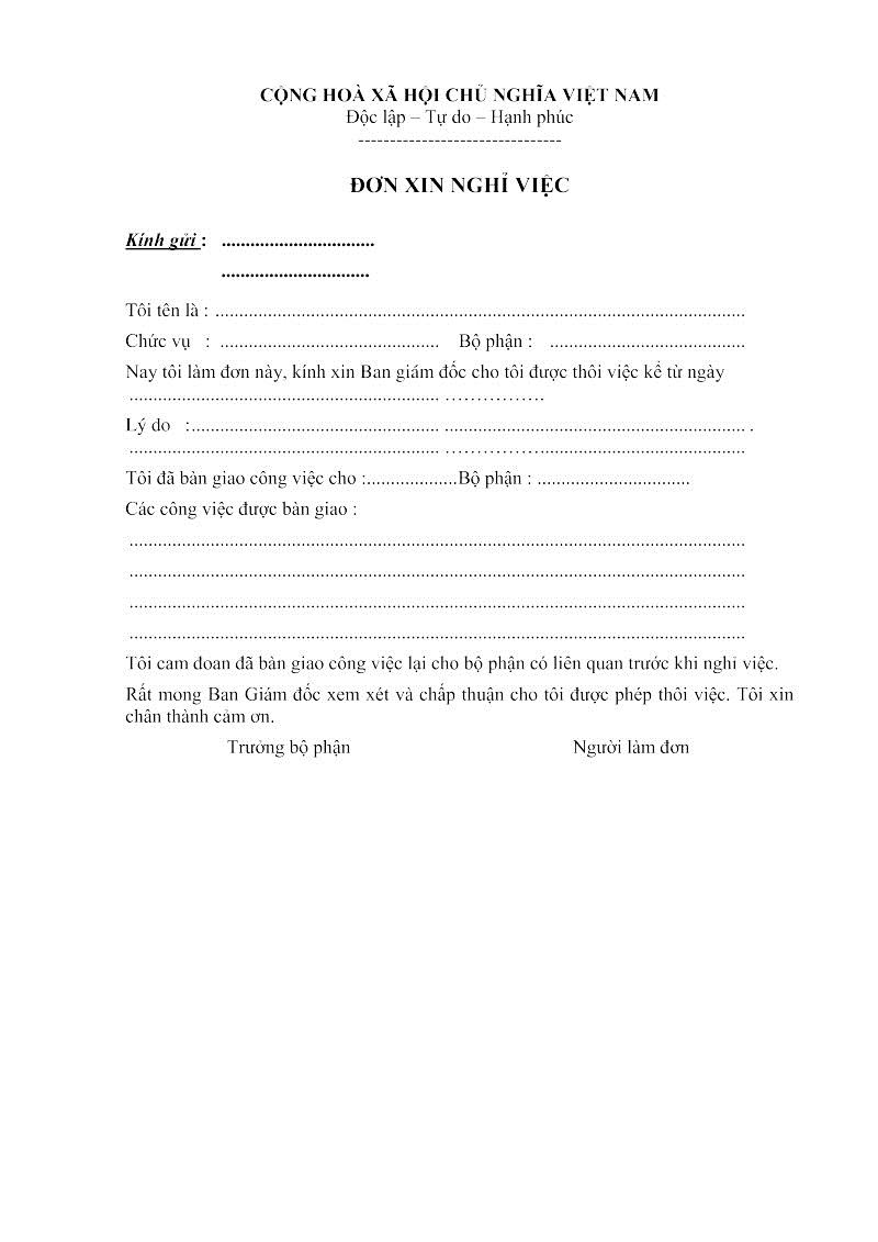 Bố cục chung mẫu đơn xin nghỉ việc