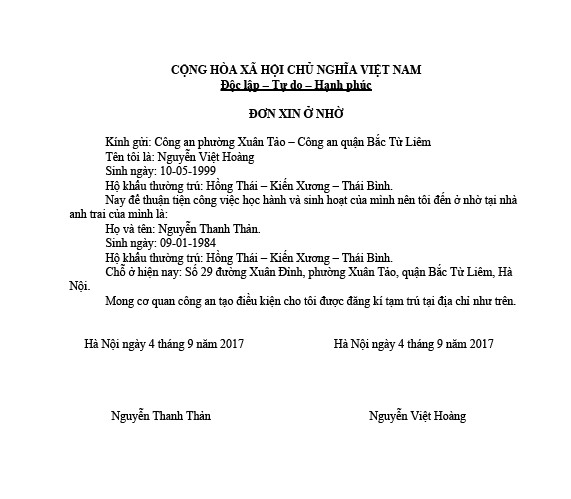 Nội dung của đơn xin ở nhờ