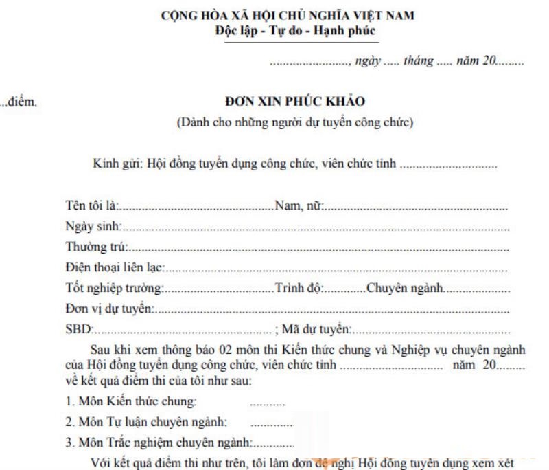 Nội dung chính của đơn xin phúc khảo thi công chức
