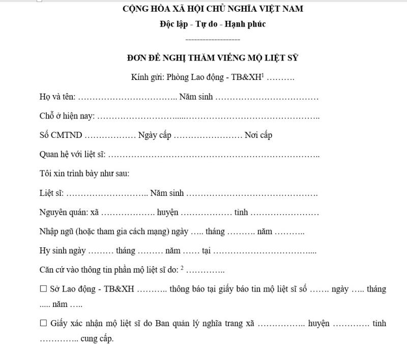 Tìm hiểu về mẫu đơn xin đi thăm viếng mộ liệt sỹ 