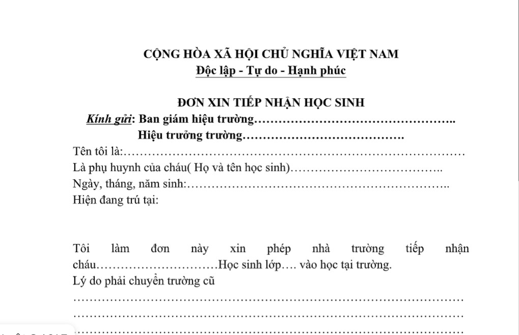 mẫu đơn xin tiếp nhận học sinh tiểu học