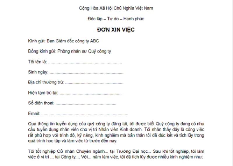 Nội dung cần trong đơn xin việc Highland Coffee