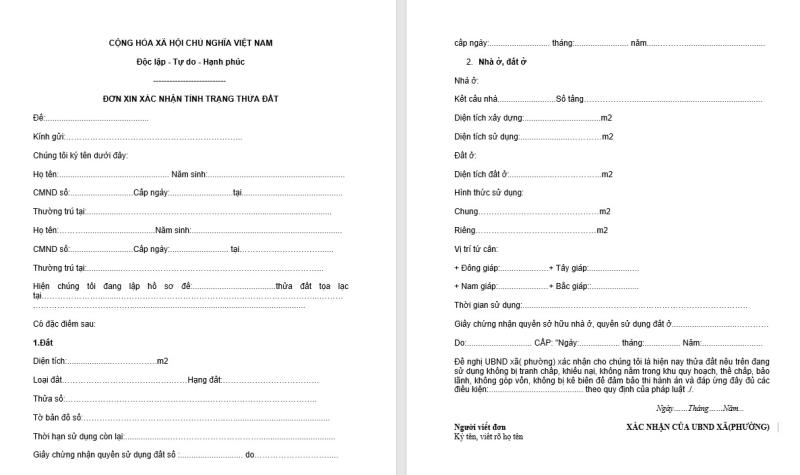 Mẫu đơn xin xác nhận tình trạng thửa đất chi tiết