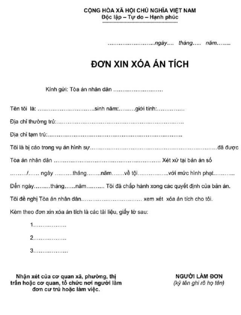 Tải mẫu đơn xin xóa án tích