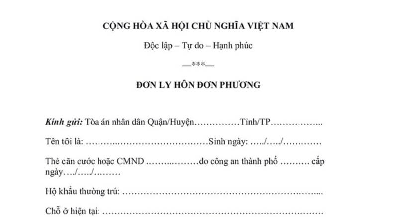 Mẫu đơn ly hôn đơn phương