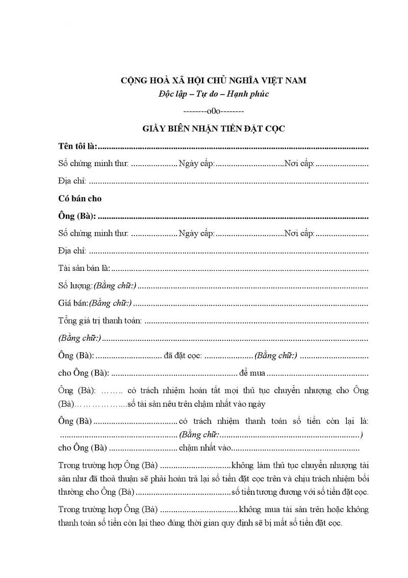 Giấy biên nhận tiền cọc mua bán đất