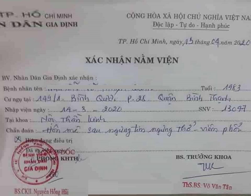 Mẫu giấy chứng nhận nằm viện