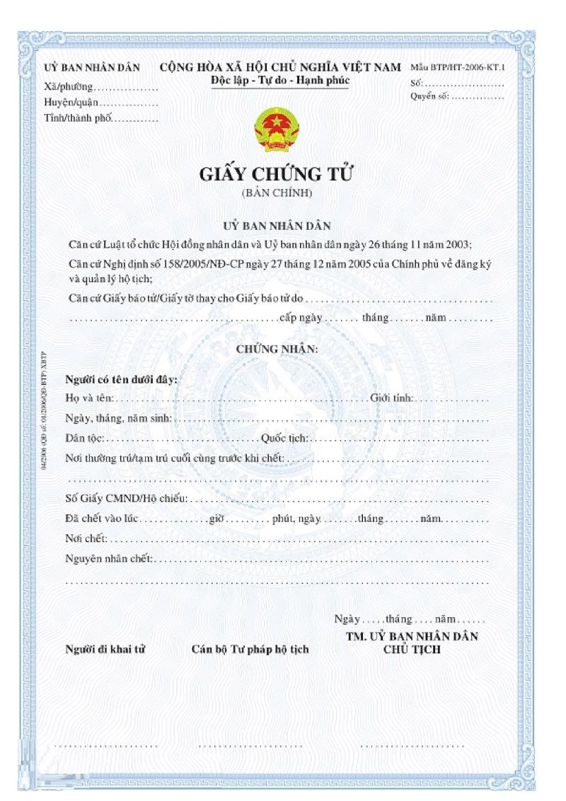 Tham khảo mẫu giấy chứng tử bản chính